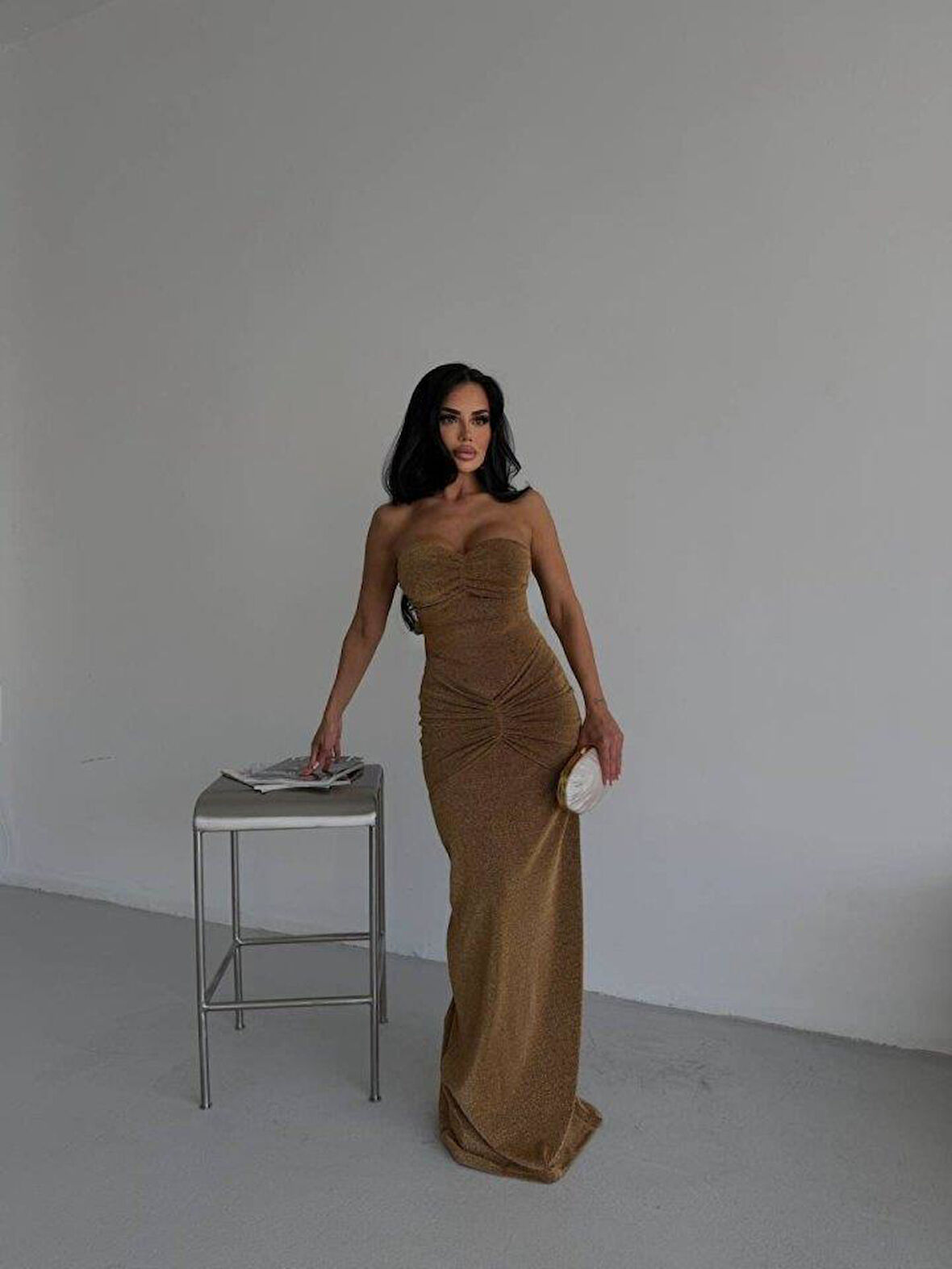 Straplez Simli Uzun Elbise