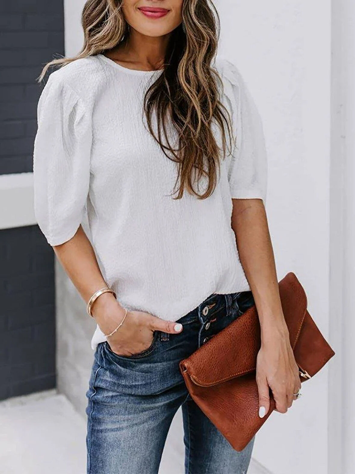 Kadın Kısa Kollu Pileli Balın Kol Bürümcük Bluz