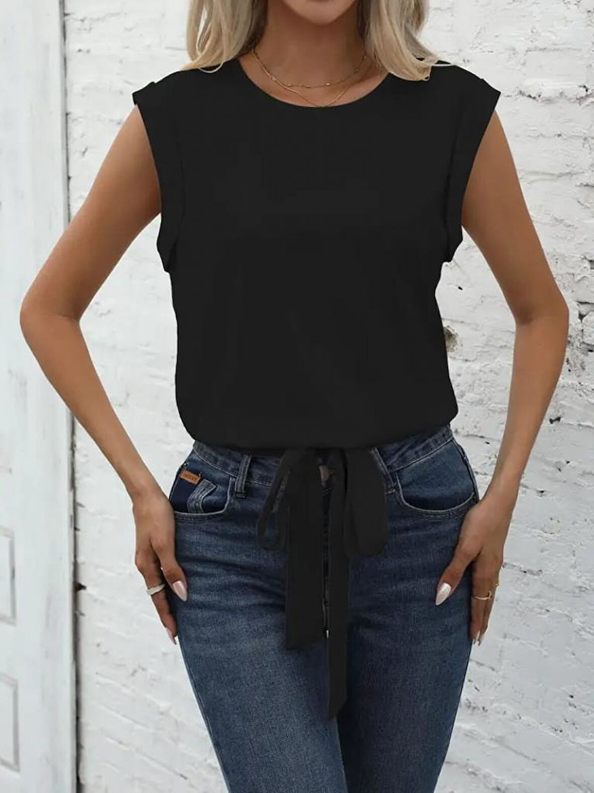 Kadın Sıfır Kol Etek Ucu Bağlama Detay Ithal Krep Bluz