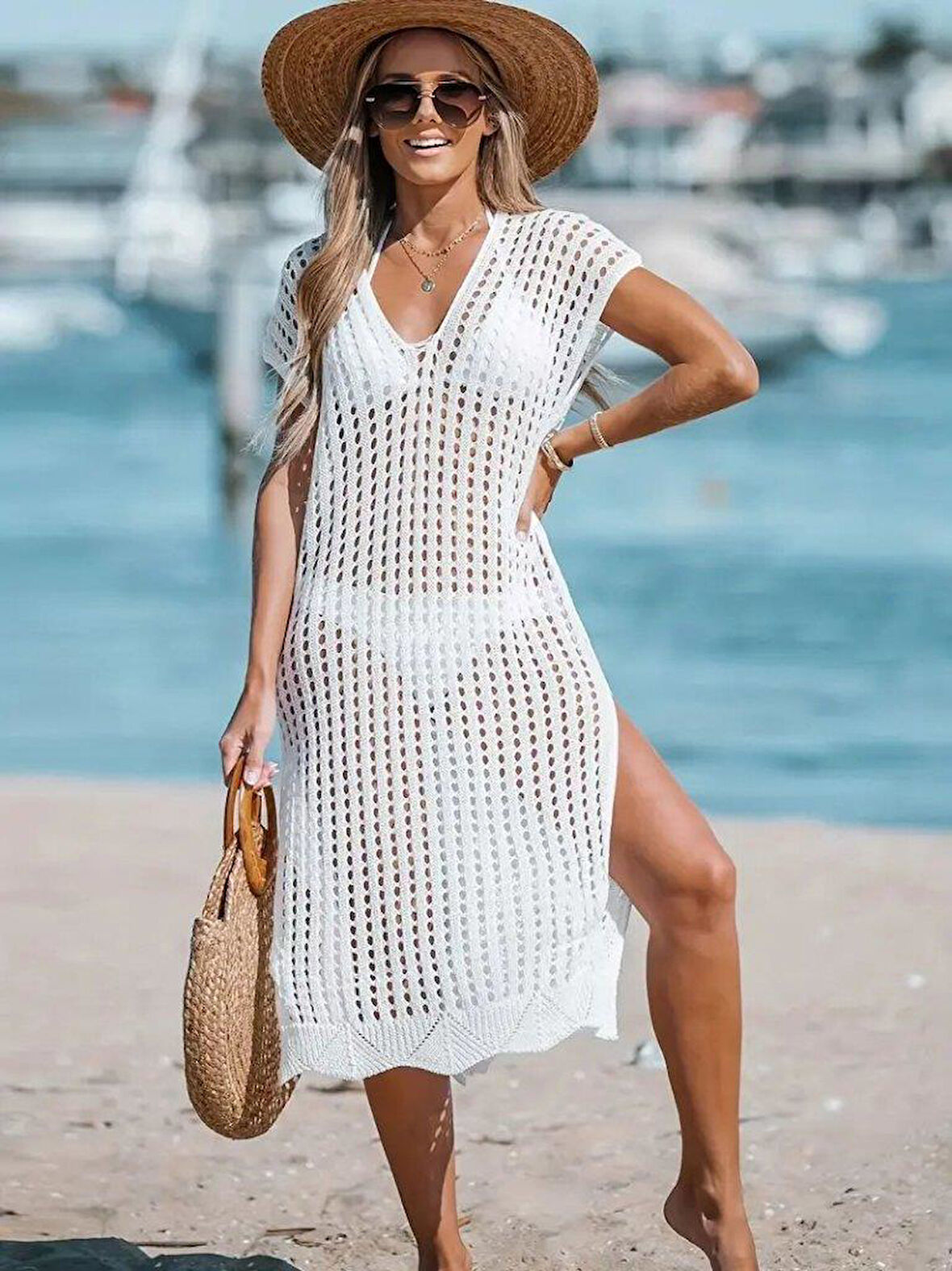 Kadın Sıfır Kol V Yaka Yanı Derin Yırtmaçlı Midi Boy Triko Elbise