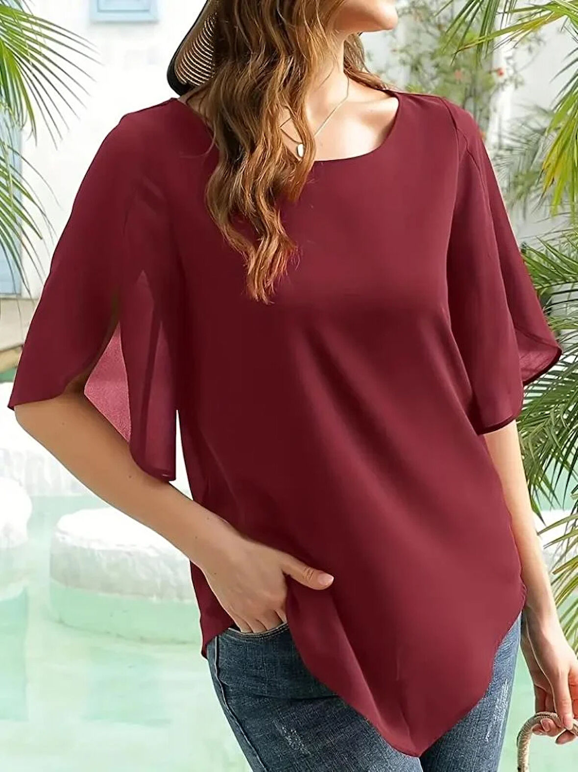 Kadın Kısa Yırtmaç Kollu Yuvarlak Yaka şifon Bluz