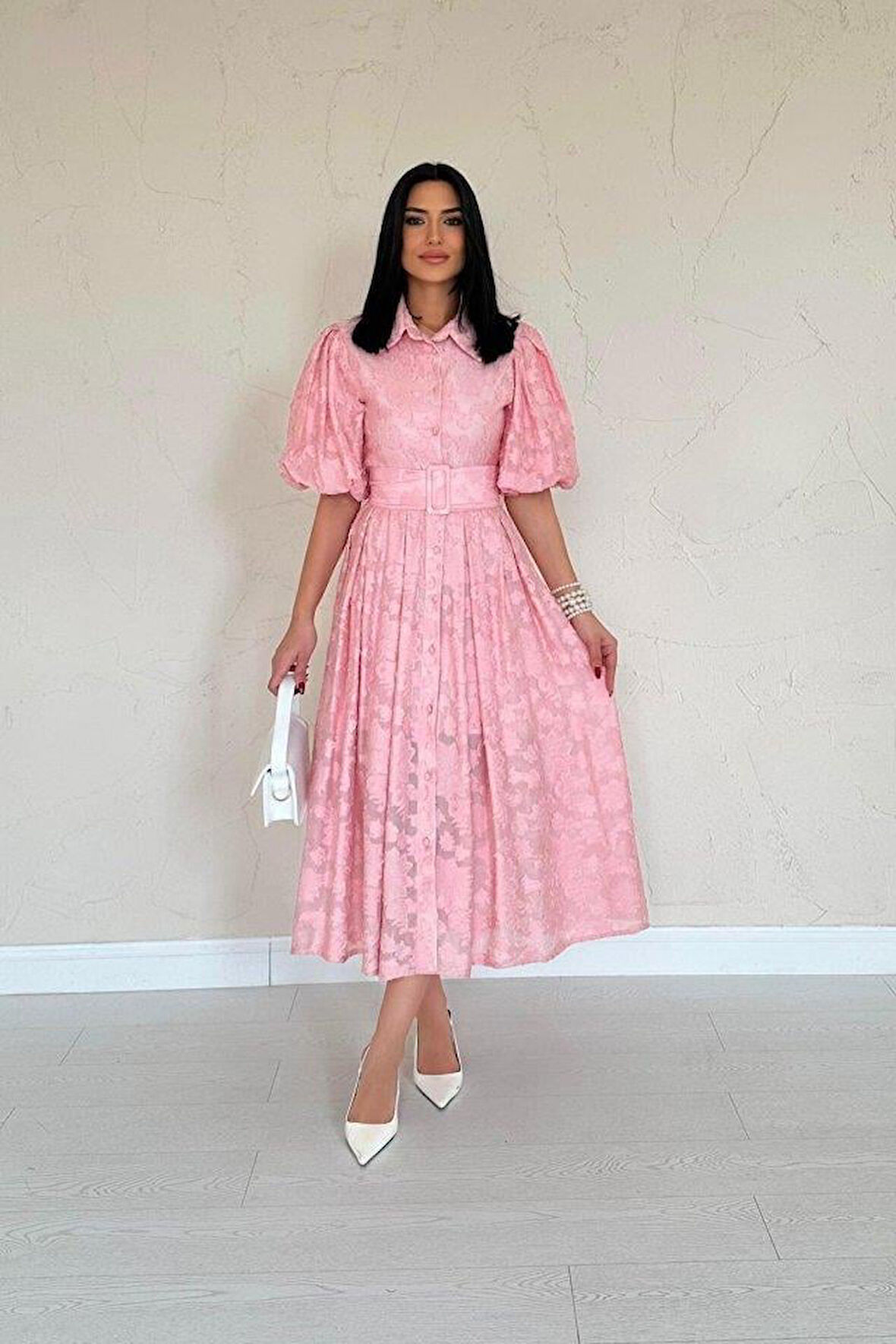 Pembe Kemerli Balon Kollu Elbise