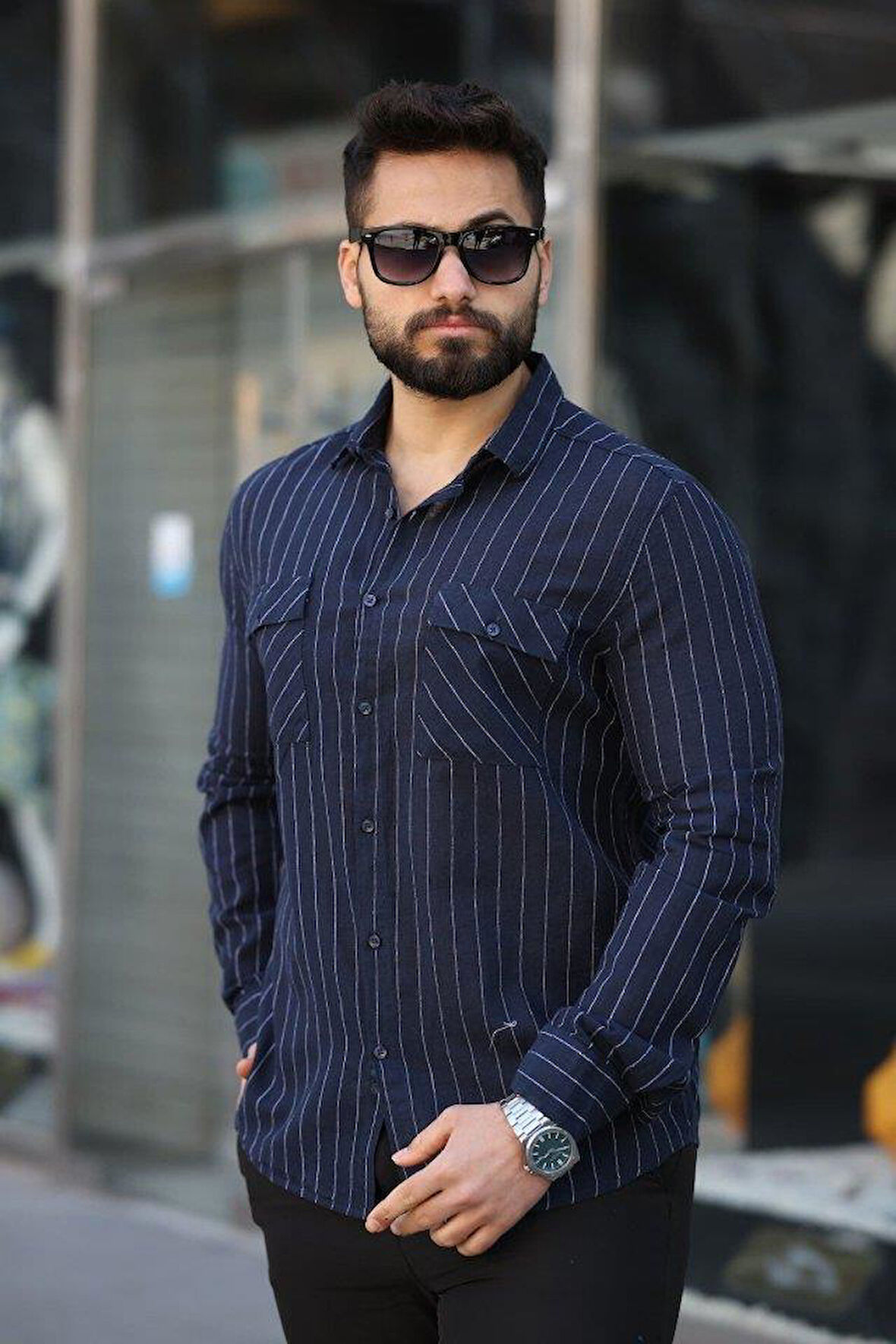 Erkek Pamuklu Çizgi Desenli Cep Detaylı Gömlek