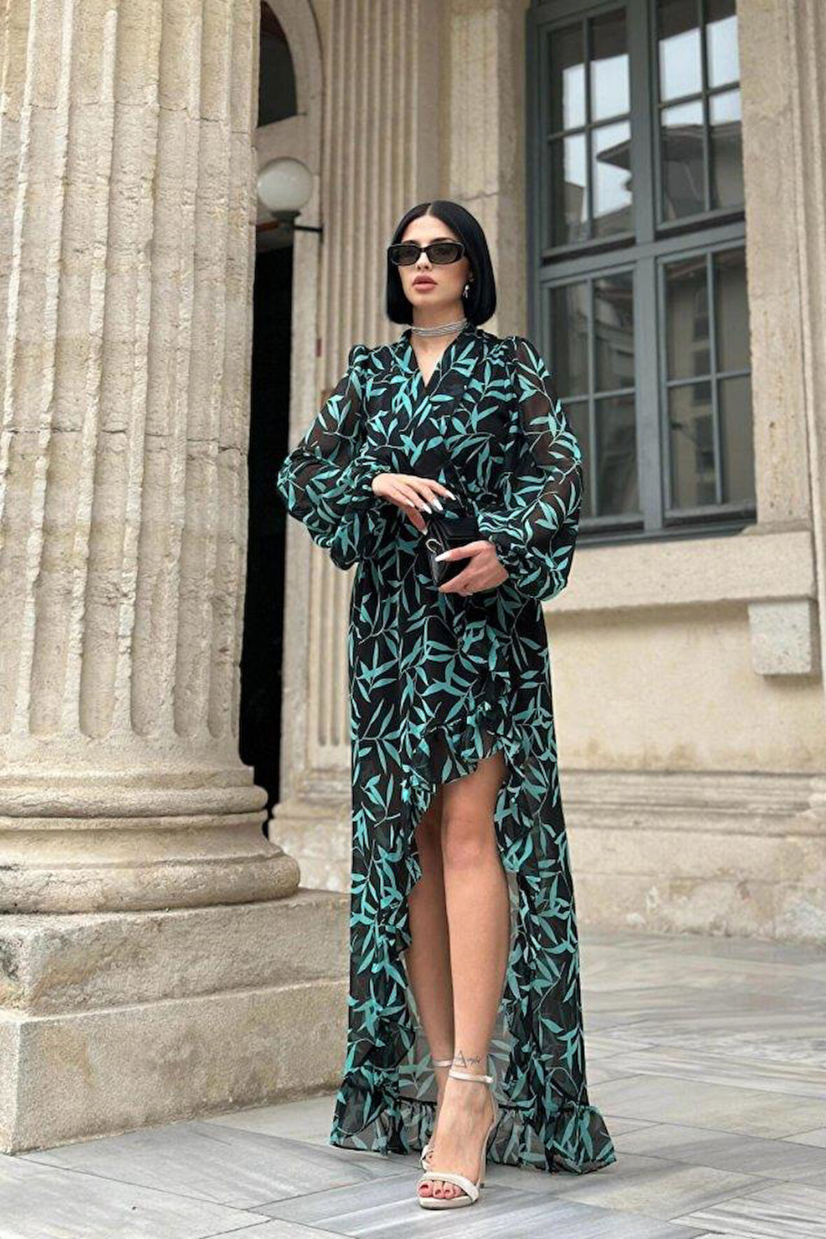 Desenli Desenli Fırfırlı Elbise