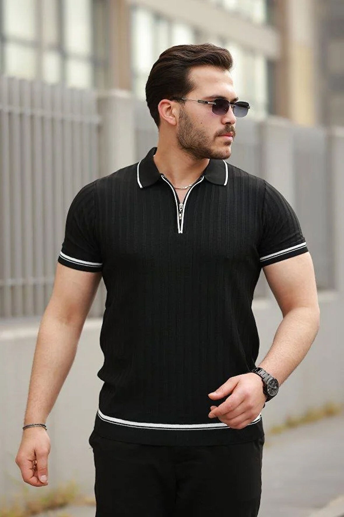 Erkek Fermuarlı Yakalı Kısa Kollu T-shirt