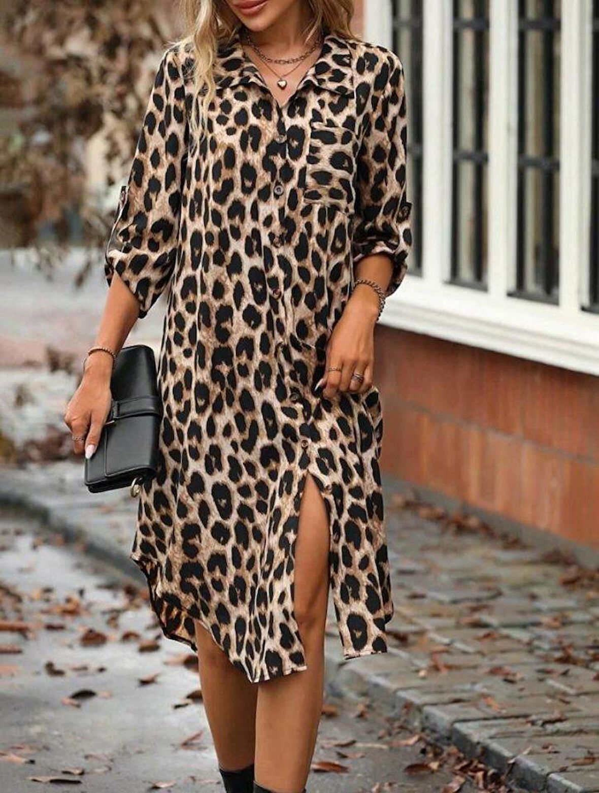 Kadın Leopar Desenli Cep Detay Kolu Manşetli Moskrep Gömlek Elbise
