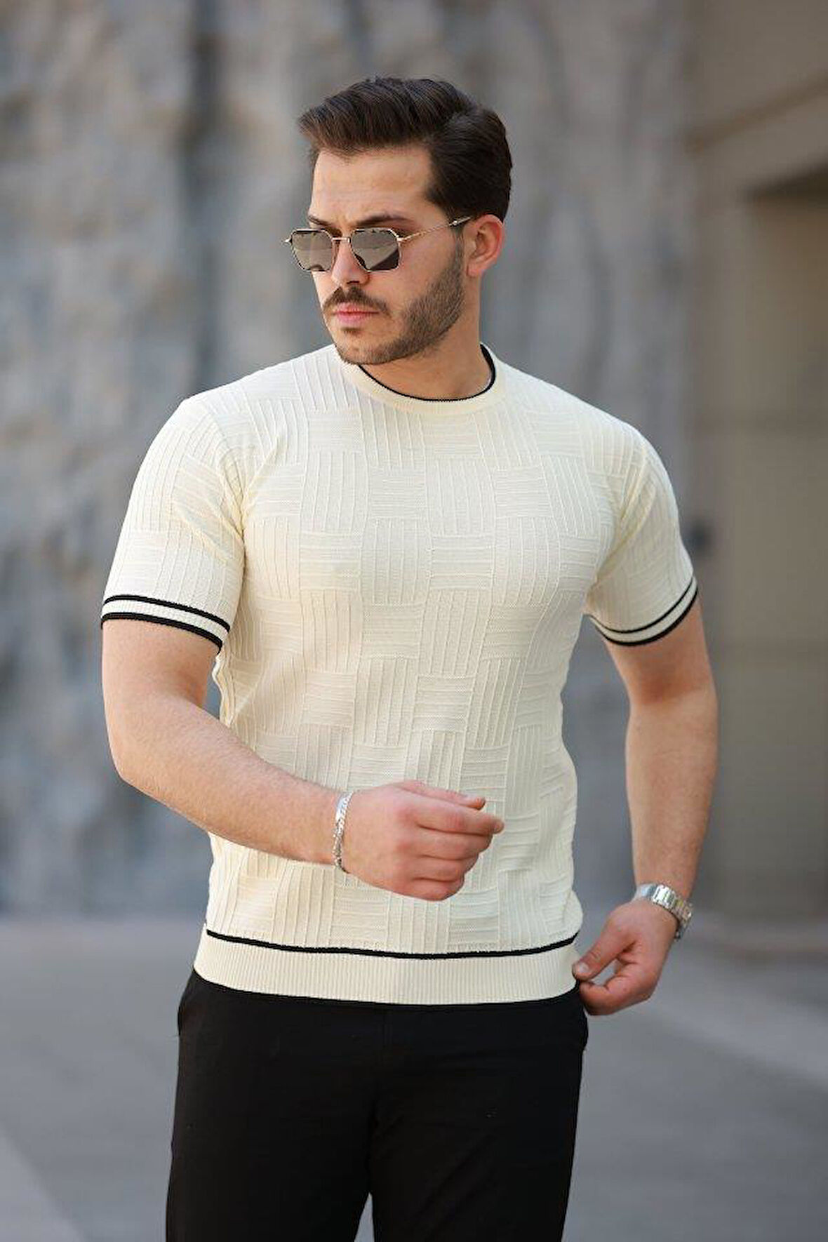 Erkek Jakarlı Ribanalı Kısa Kollu T-shirt