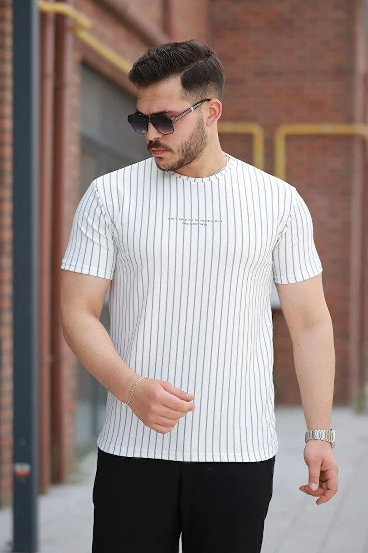 Erkek Dikey çizgili Ottoman Kumaş Kısa Kollu T-shirt