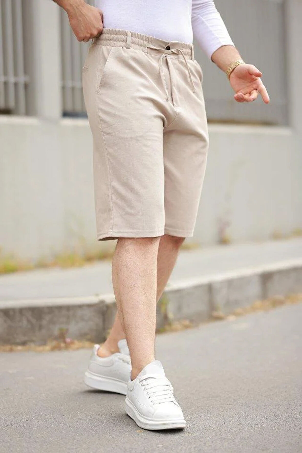 Erkek Beli Bağcıklı Ve Düğmeli Bezayağı Kumaş şort