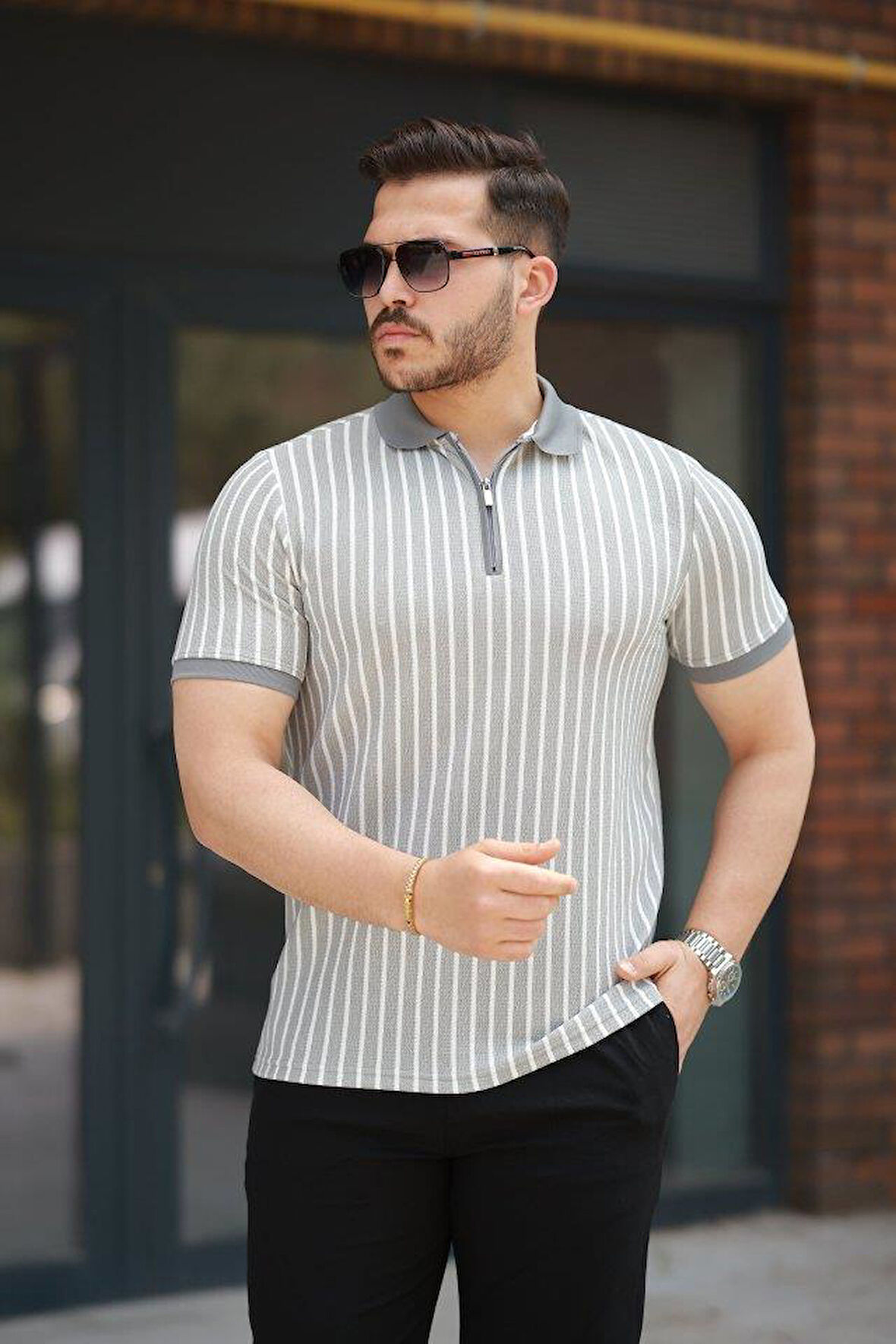Erkek çizgili Fermuar Yakalı Kısa Kollu Tişört