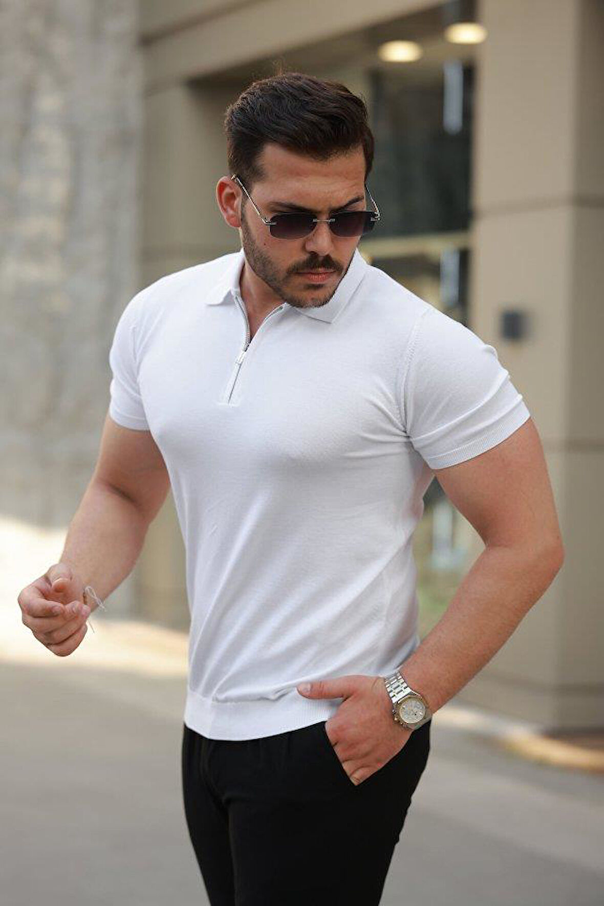 Erkek Fermuar Yakalı Kısa Kollu Tişört