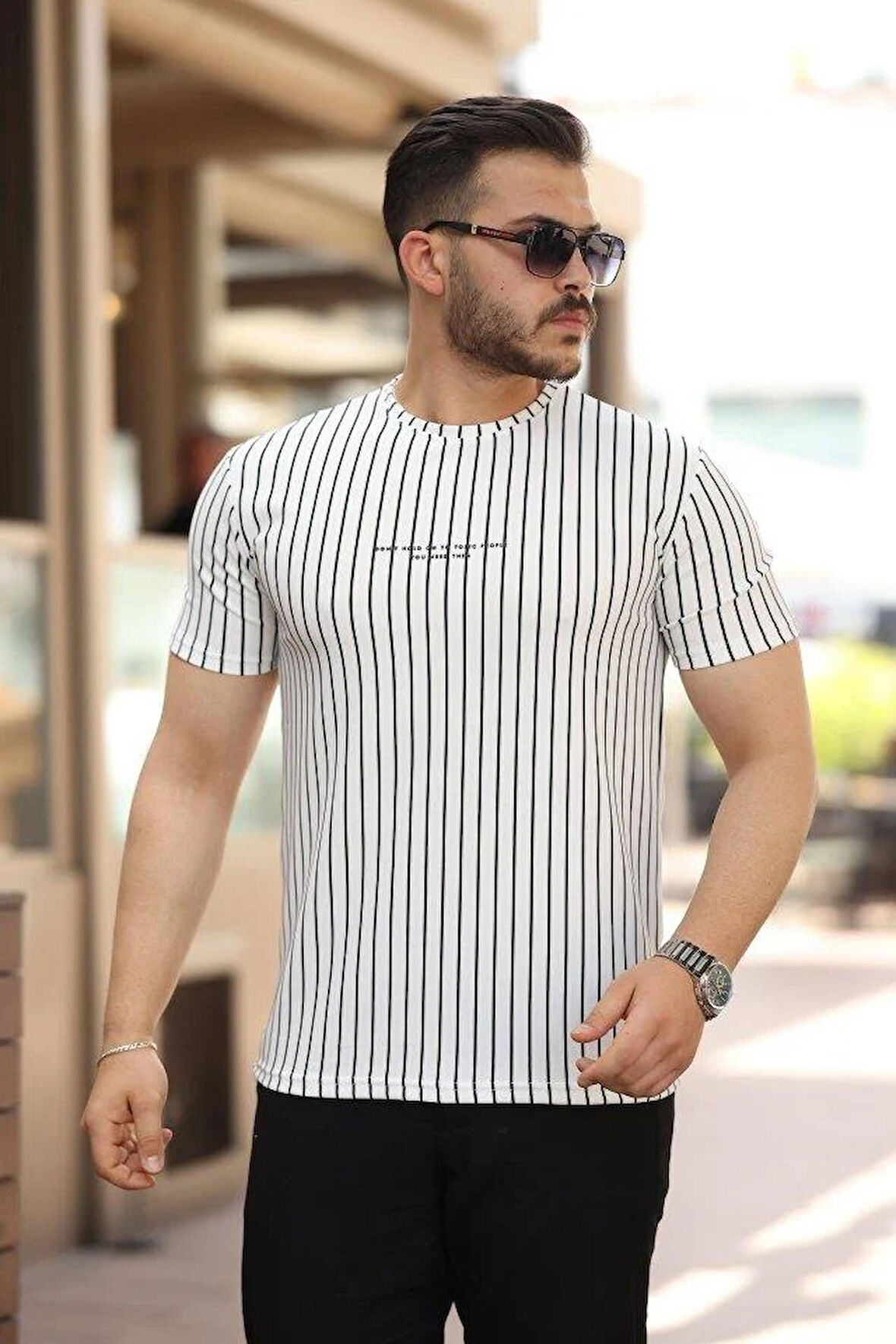 Erkek Dikey çizgili Ottoman Kumaş Kısa Kollu T-shirt