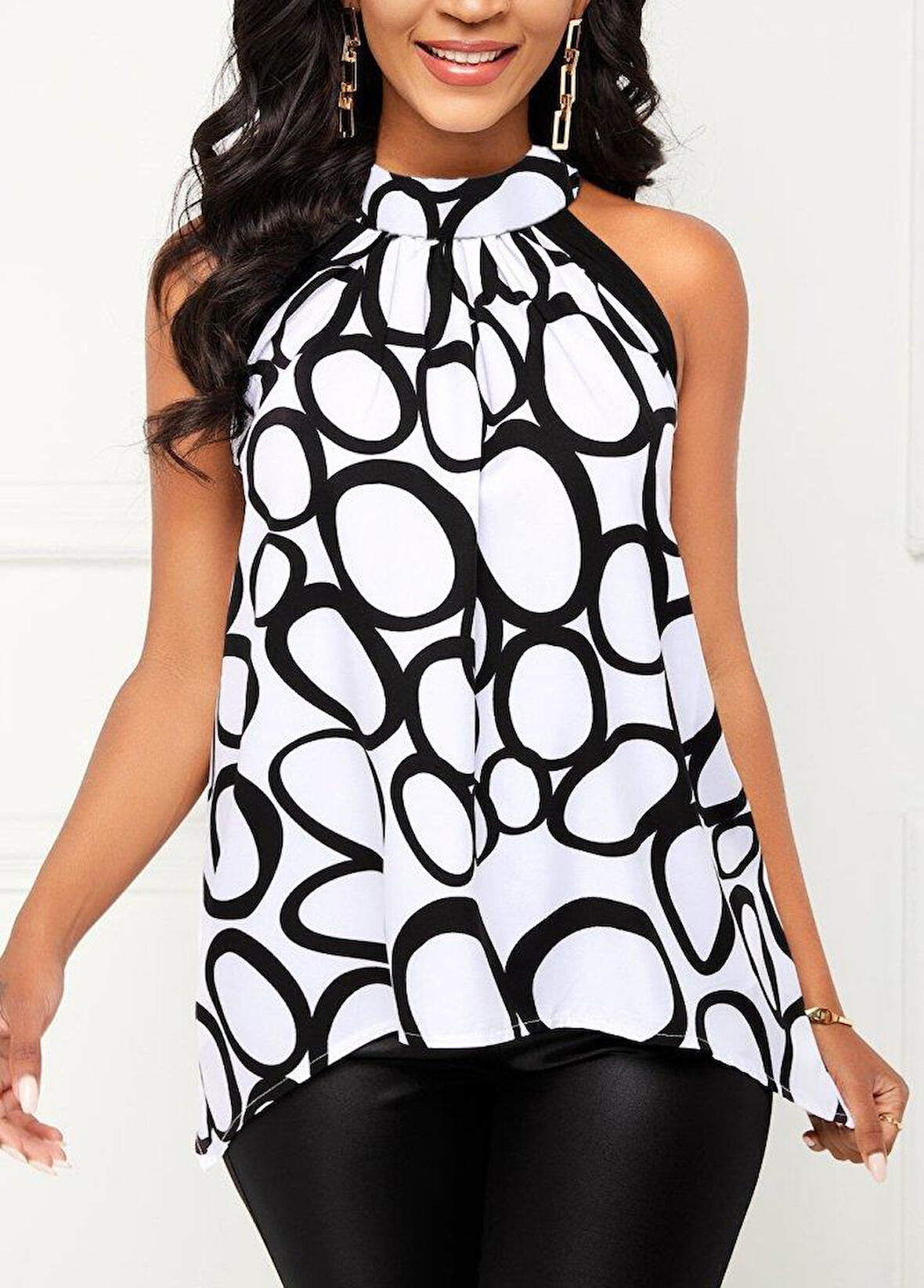 Kadın Reglan Kol Daire Yaka Desenli Asimetrik Süprem Bluz