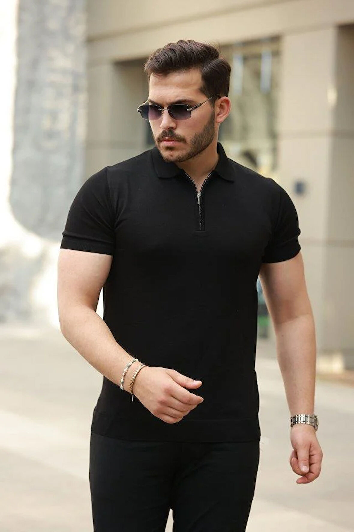 Erkek Fermuar Yakalı Kısa Kollu Tişört