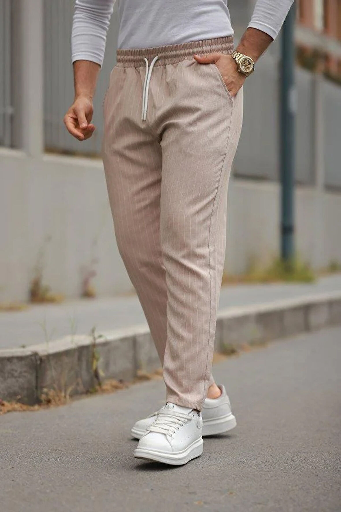 Erkek Beli Bağcıklı çizgili Pantolon