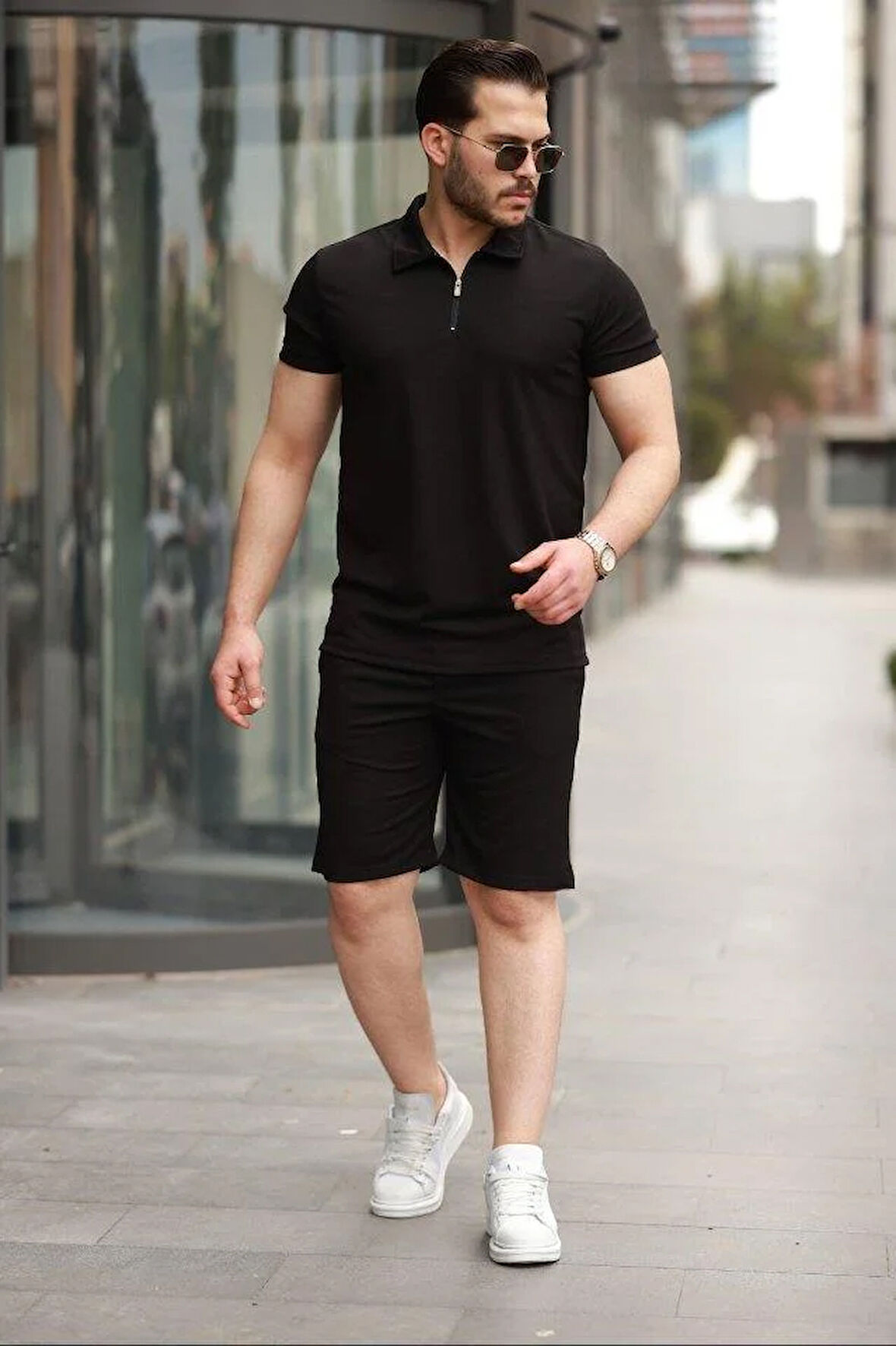 Erkek Yakalı Fermuarlı T-shirt şort Ikili Takım