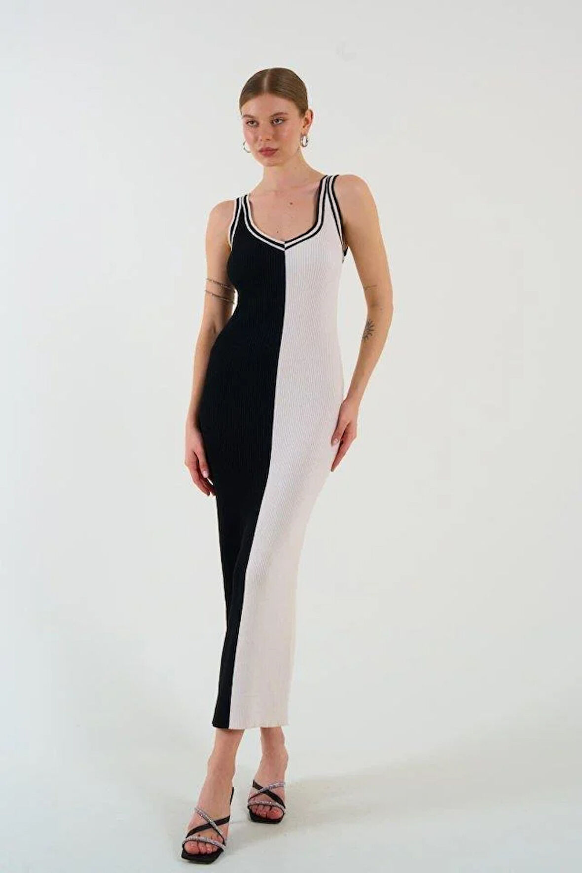 İki Renki Kolsuz Elbise - Siyah-Krem