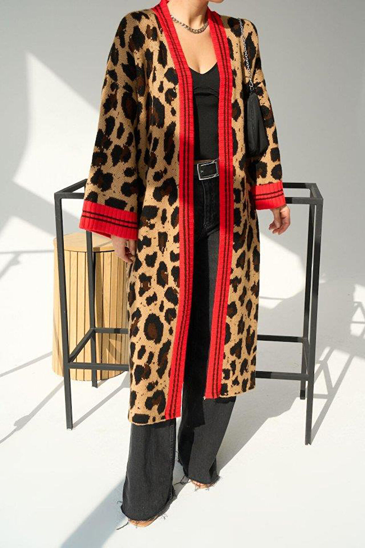 Uzun Leopar Hırka - Camel-Kırmızı