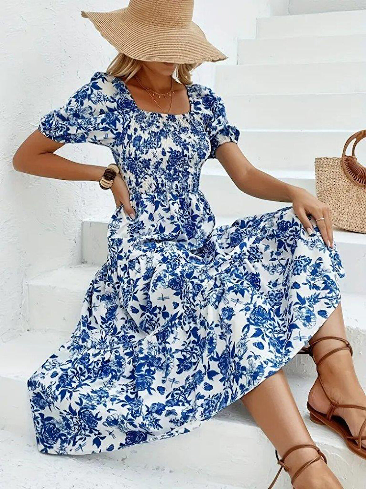 Kadın Kısa Kollu Kare Yakalı Lastikli Desenli Süprem Elbise