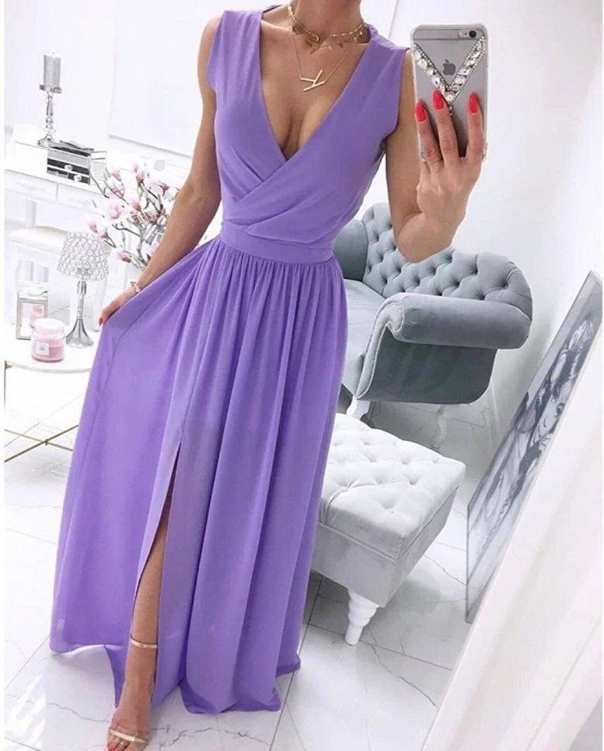 Kadın şifon Kumaş V Yaka Sıfır Kol Maxi Boy Elbise