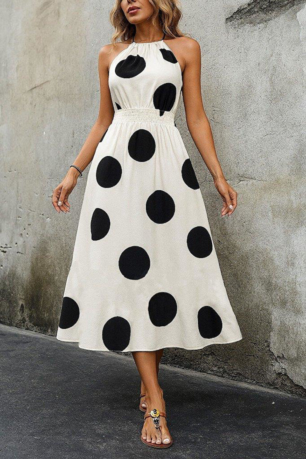 Kadın Kolsuz Boyundan Bağlamalı Beli Lastikli Dijital Baskı Süprem Uzun Elbise