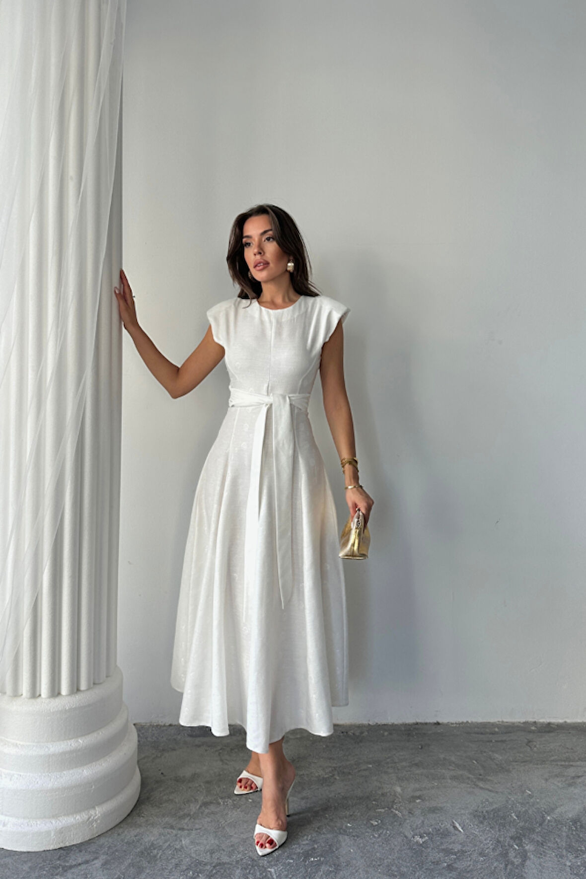 JAKAR KETEN VATKALI ELBİSE - Beyaz