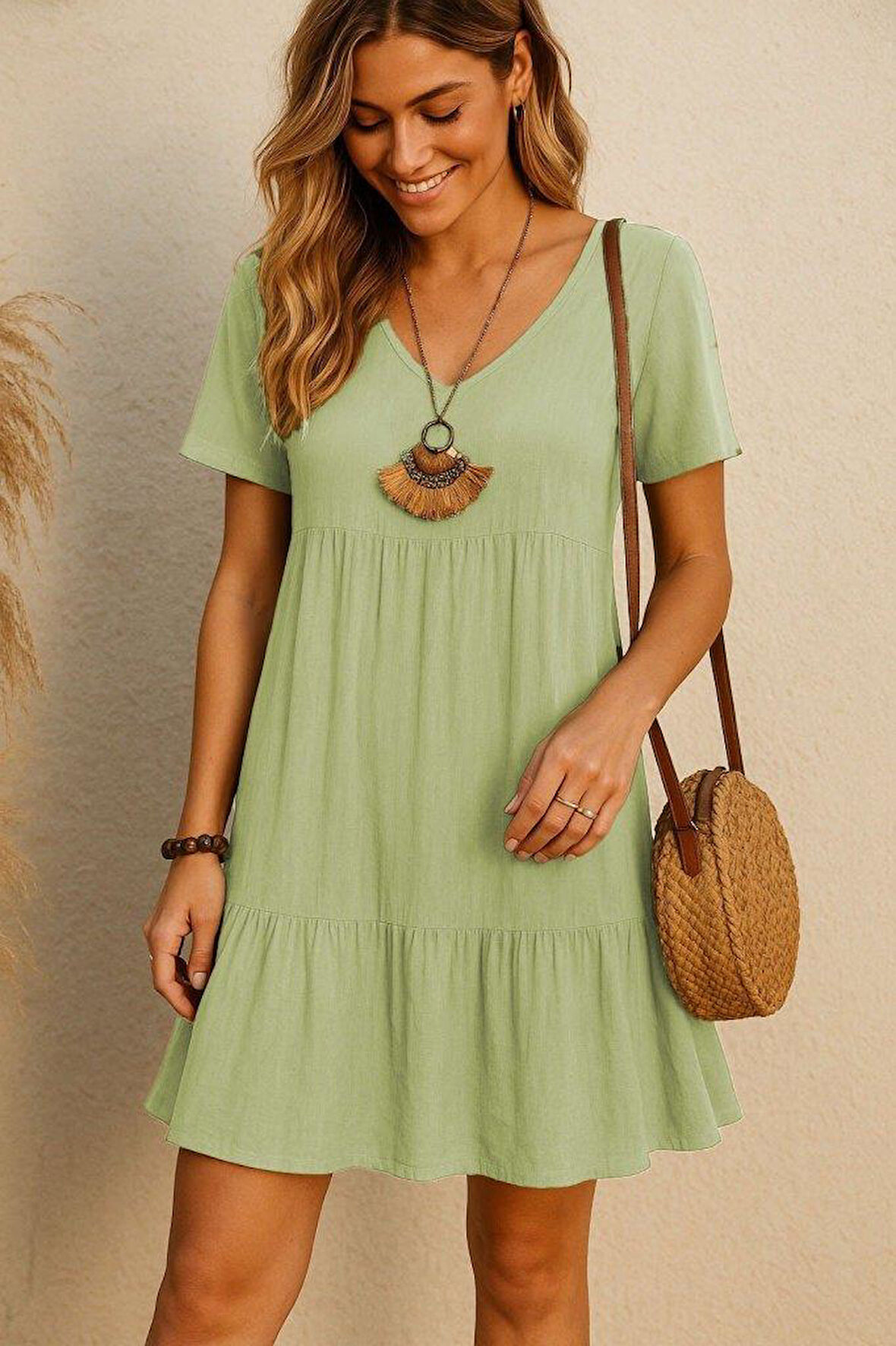 Kadın Kısa Kollu V Yakalı Fırfırlı Bürümcük Elbise