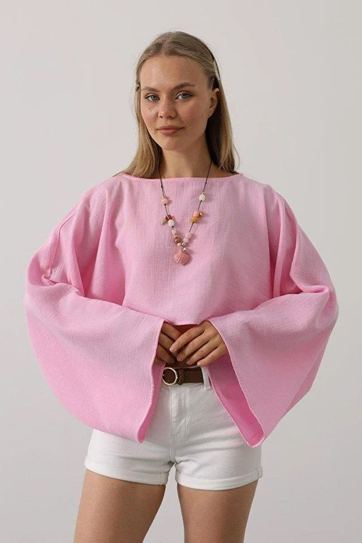 YARASA KOLLU CROP BLUZ - Pembe