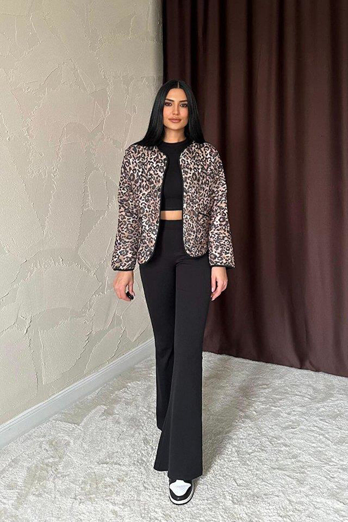 Leopar Leopar Desenli Kapitone Ceket