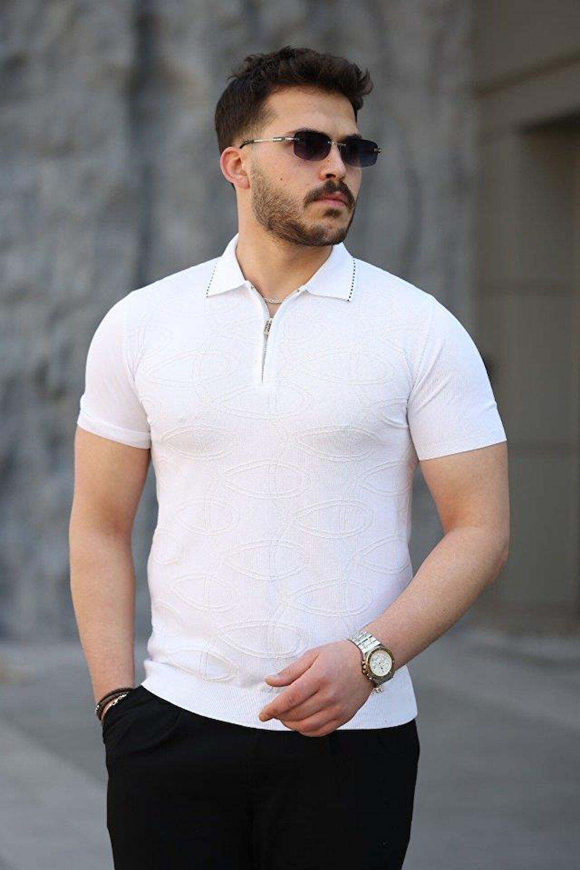 Erkek Viskon Kumaş Polo Yaka Desenli Tişört