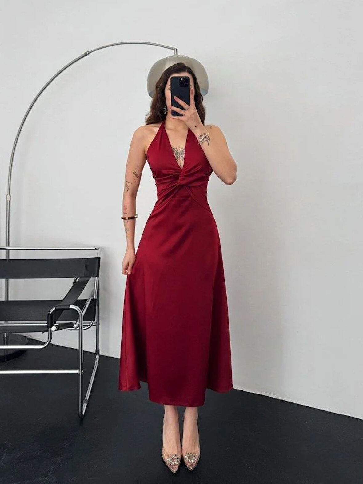 Bordo Uzun Saten Elbise