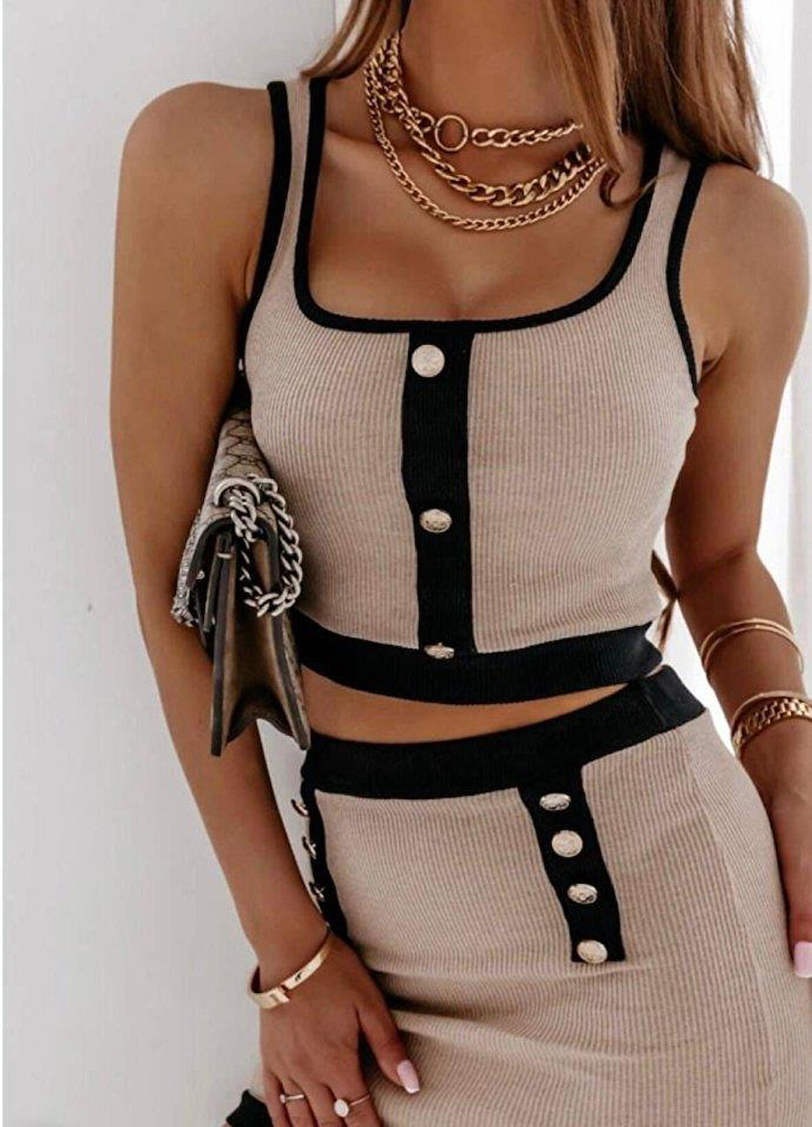 Kadın Kaşkorse Kumaş Düğme Detaylı Takım