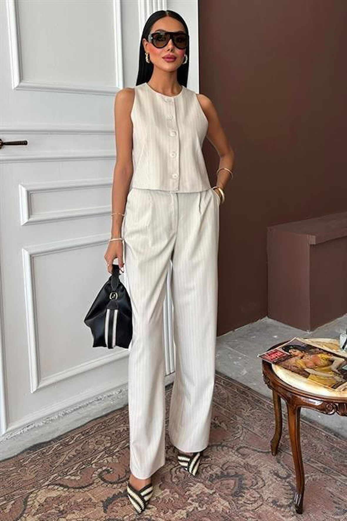 Yelek Plazzo Pantolon Çizgili Flamlı Poliviscon Takım 10178