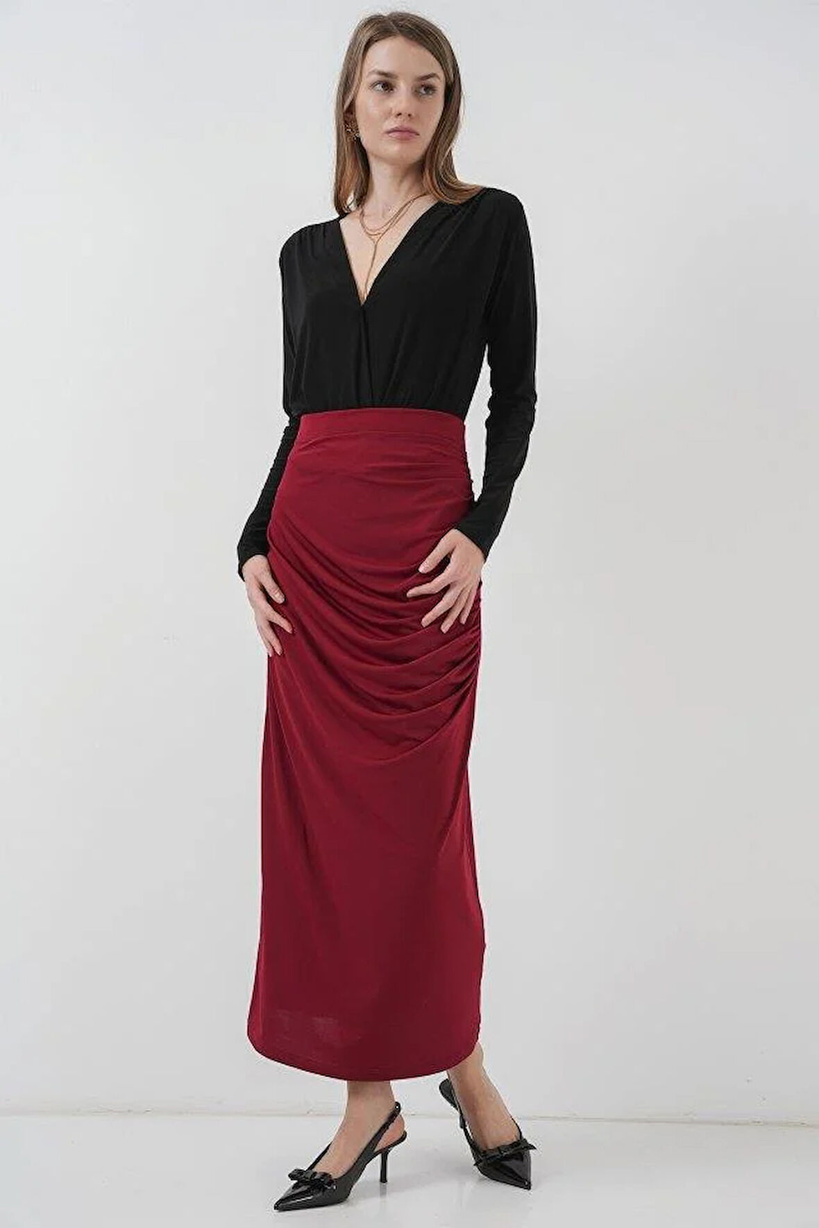 8035 Büzgülü Midi Etek - Bordo
