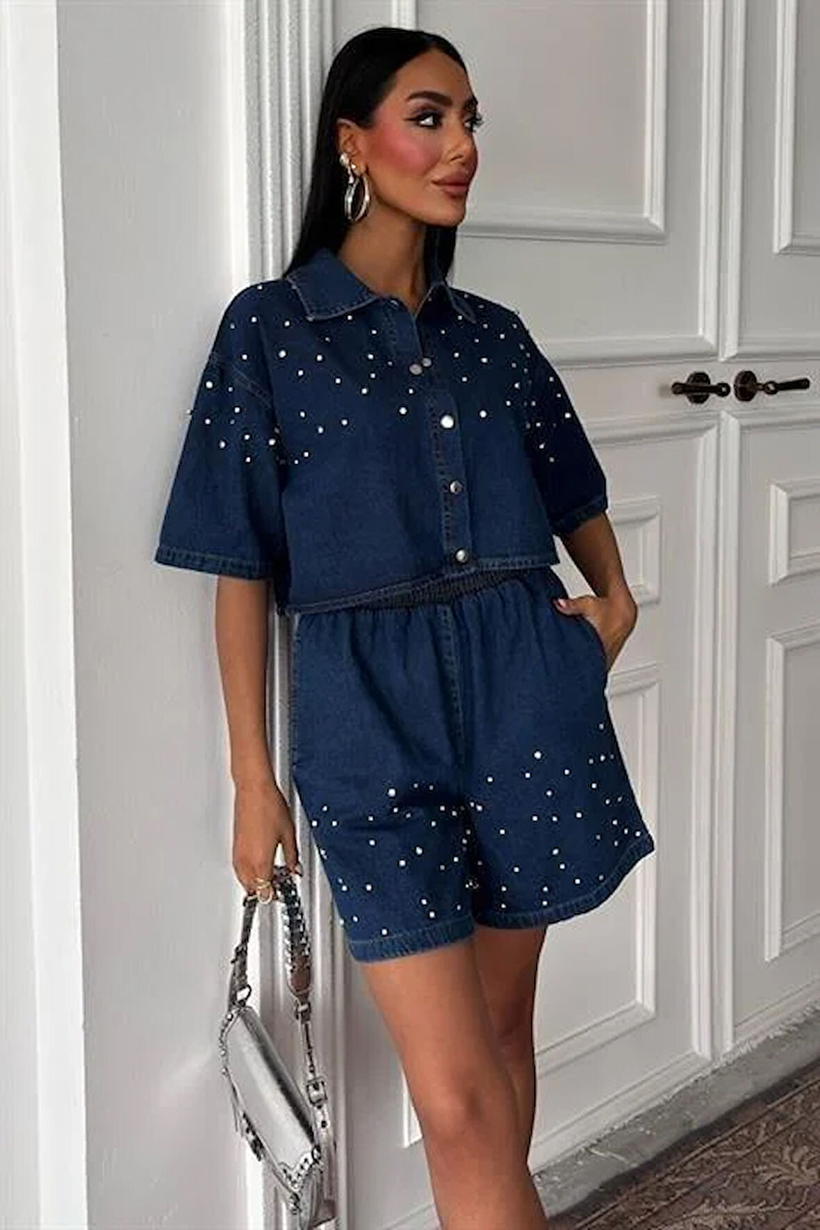 Taş Detaylı Gömlek Şort Denim Takım 10175