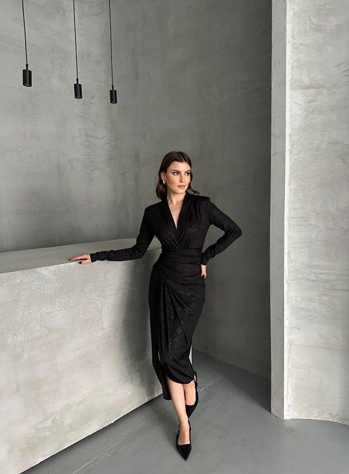 Drape Detaylı Midi Elbise