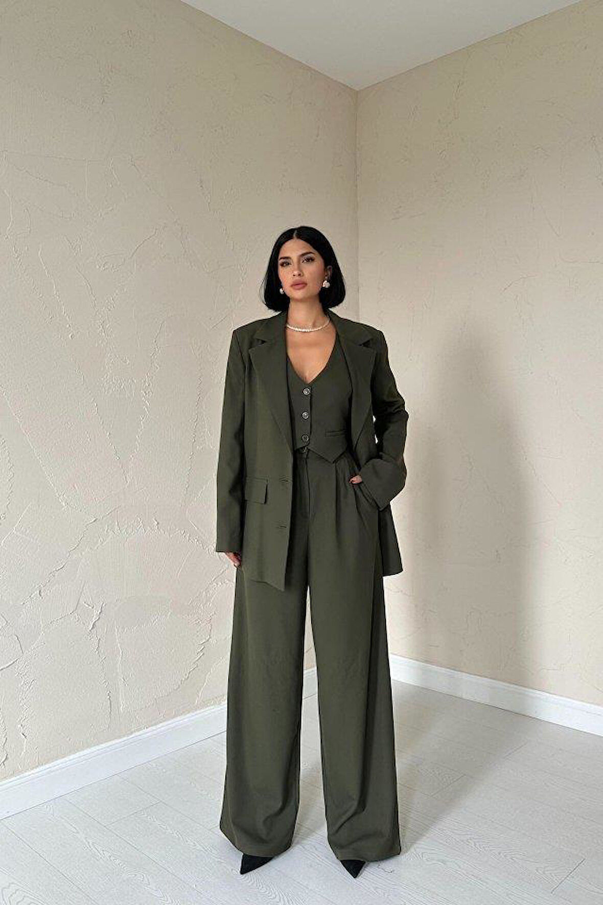 Haki Klas Ceket Ve Yelek Ve Pantolon Takım