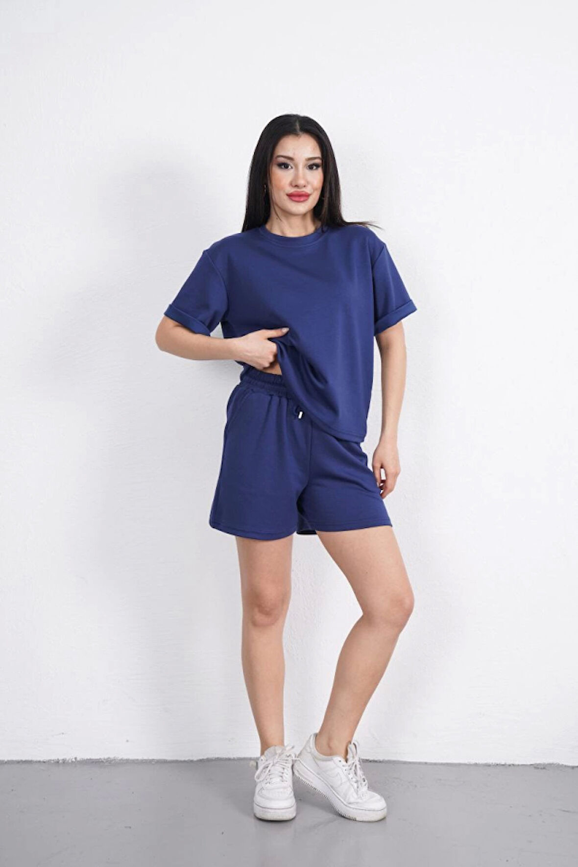 Osy Modal Yumuşak Dokulu Kumaş Bisiklet Yaka T-shirt Kısa Şort İkili Takım - Mavi