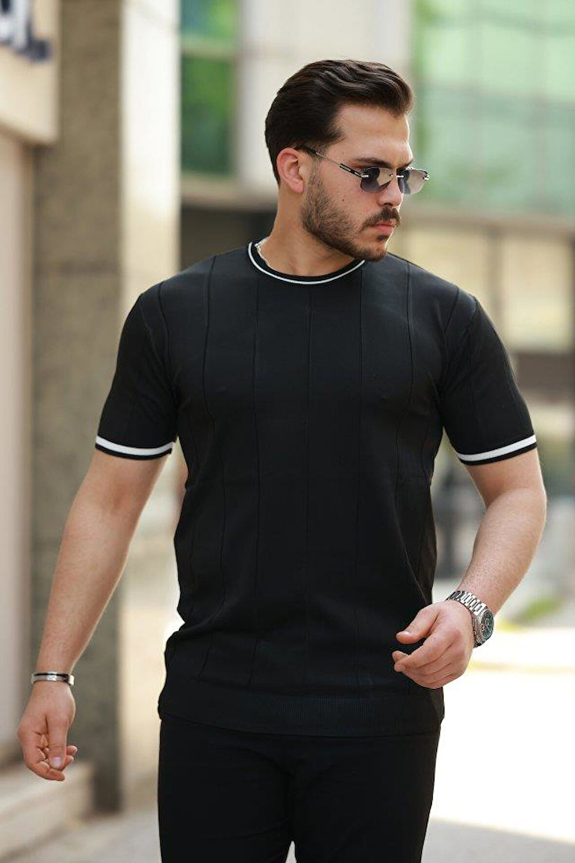 Erkek Bisiklet Yaka çizgi Desenli Ribanalı Kısa Kollu Tshirt