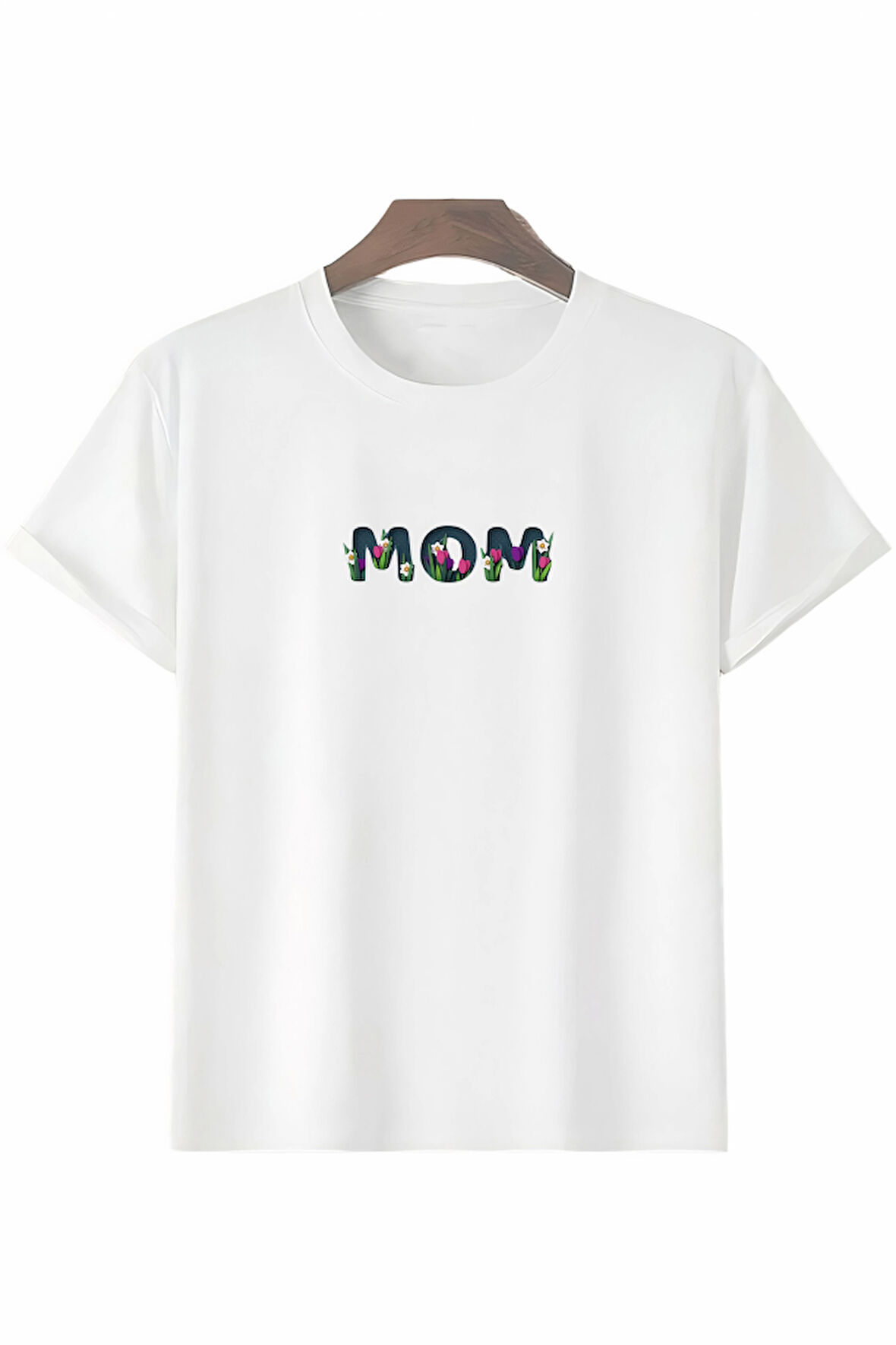 Anneler Gününe Özel Tasarım Mom Çiçek Baskılı T-shirt - Beyaz