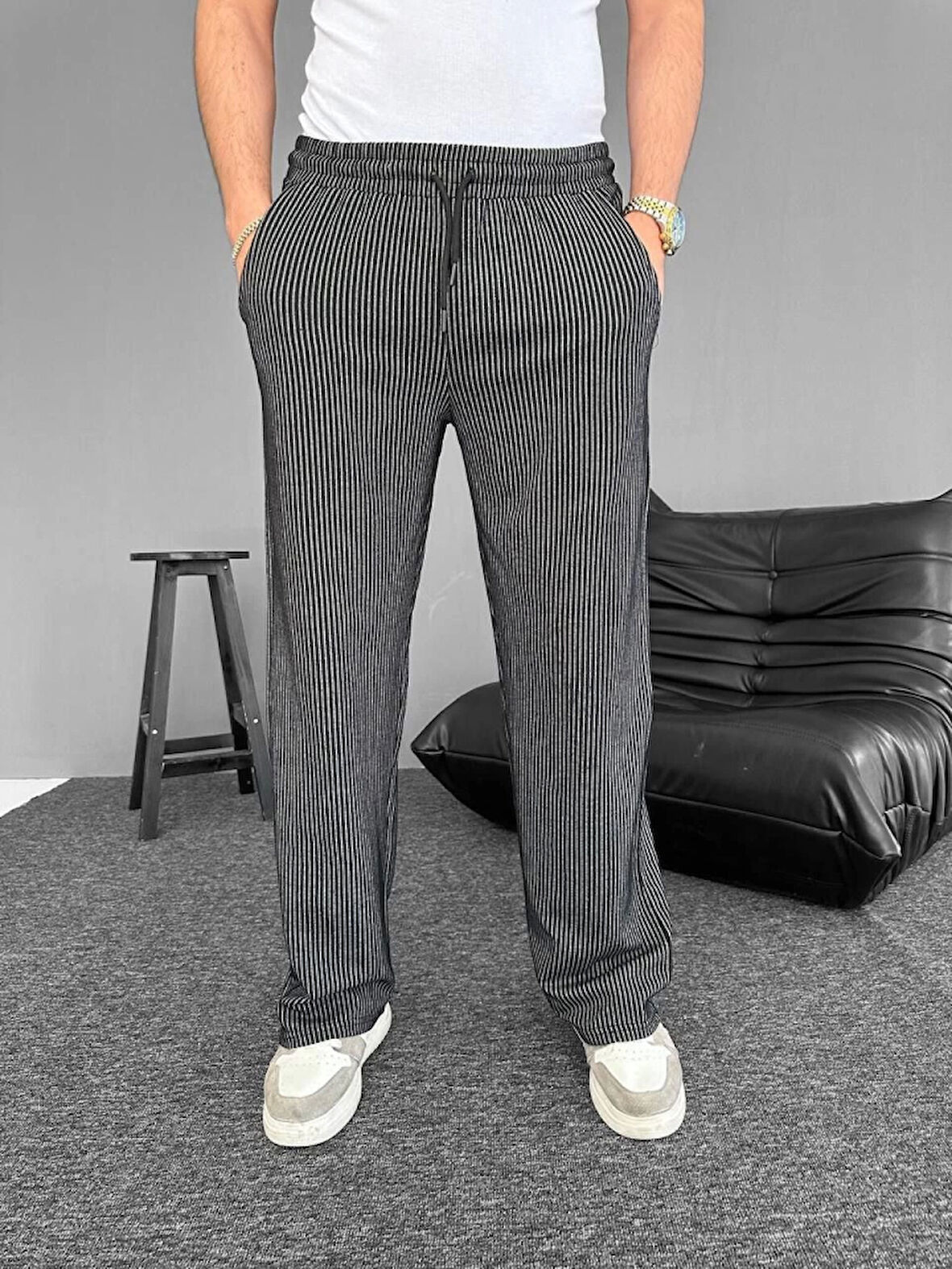 Su Yolu Çizgili Cepli Pantalon - Siyah