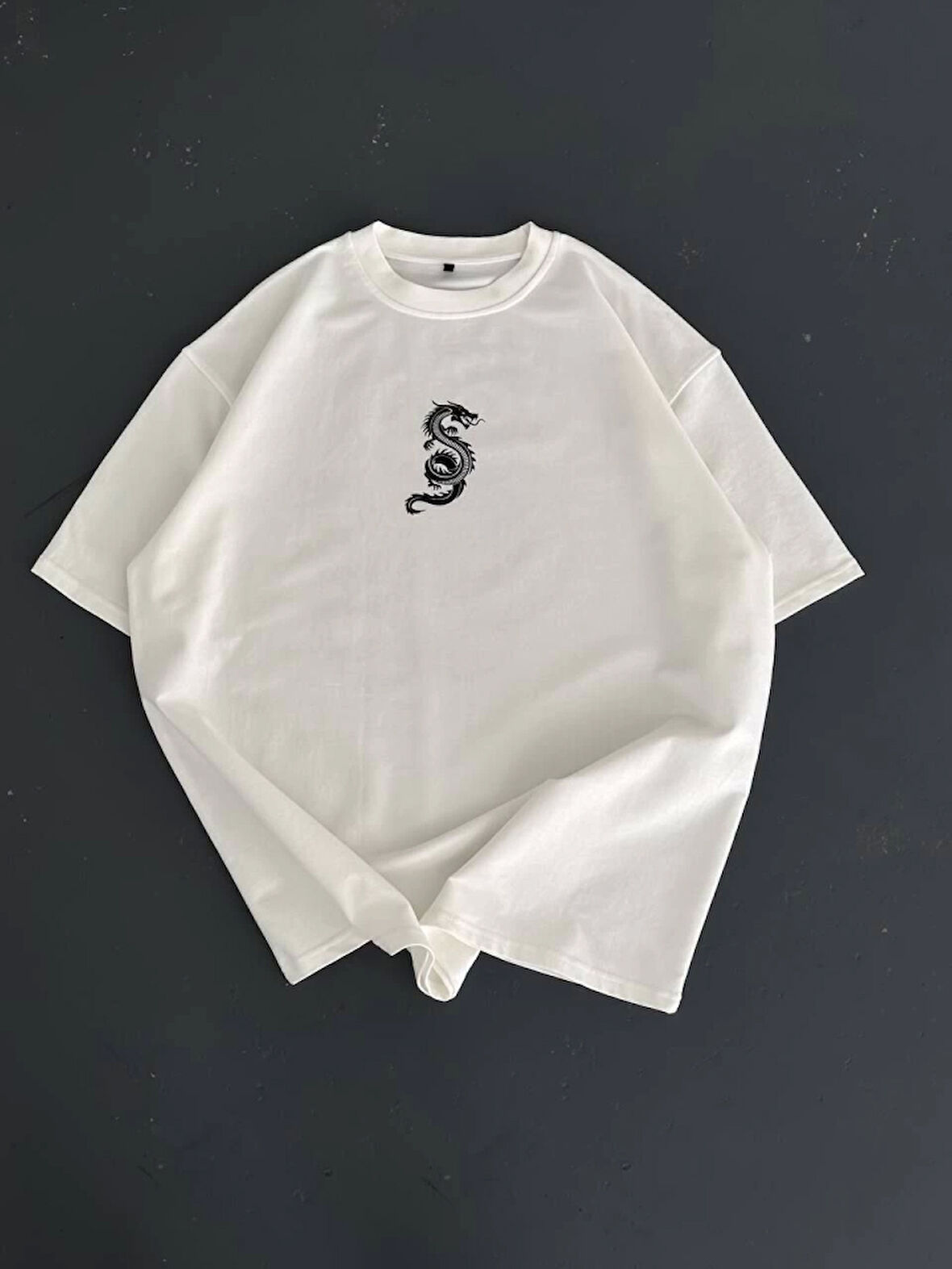 Baskılı Oversize Bisiklet Yaka T-shirt - Beyaz