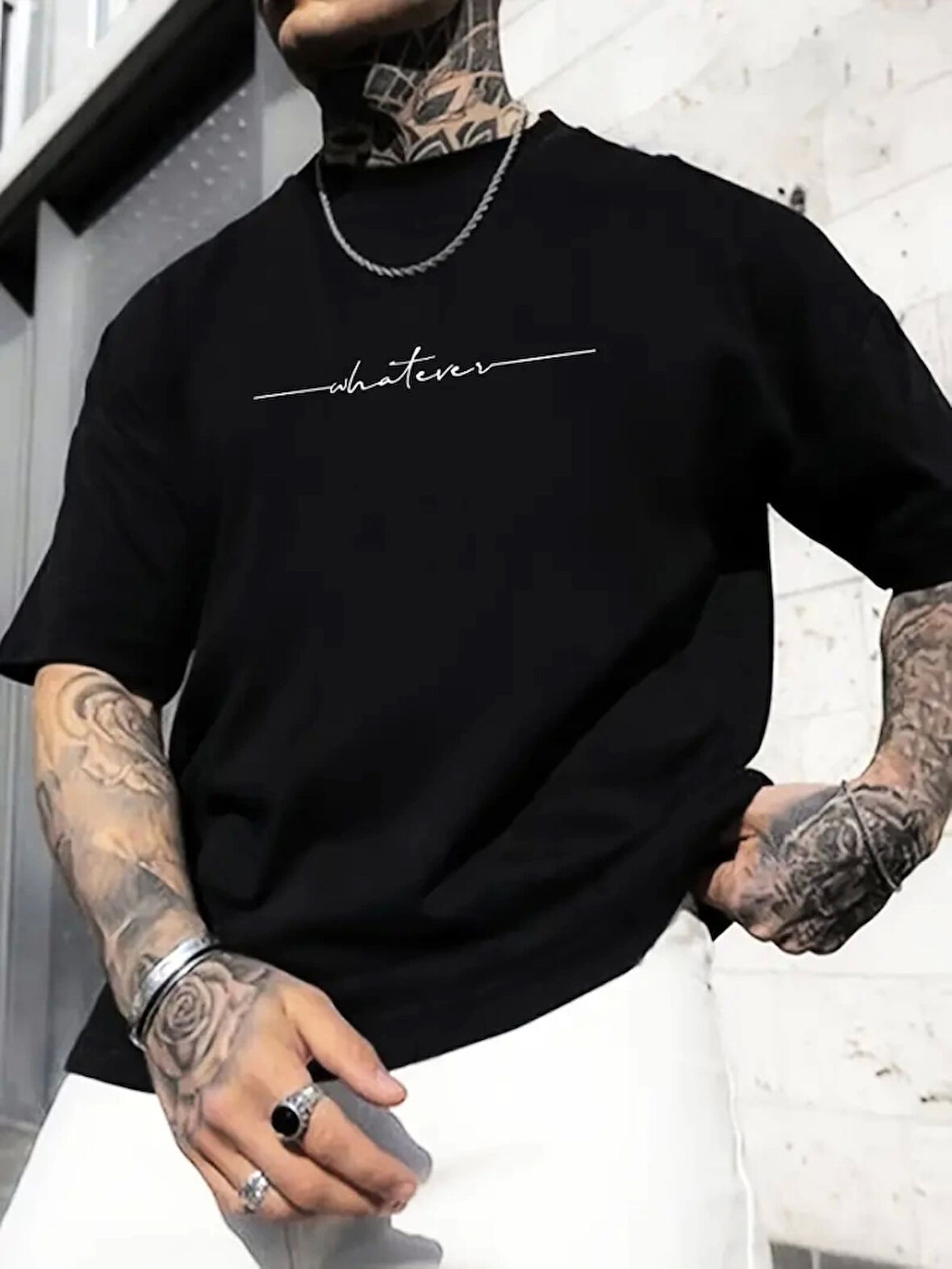 Baskılı Oversize Bisiklet Yaka T-shirt - Siyah