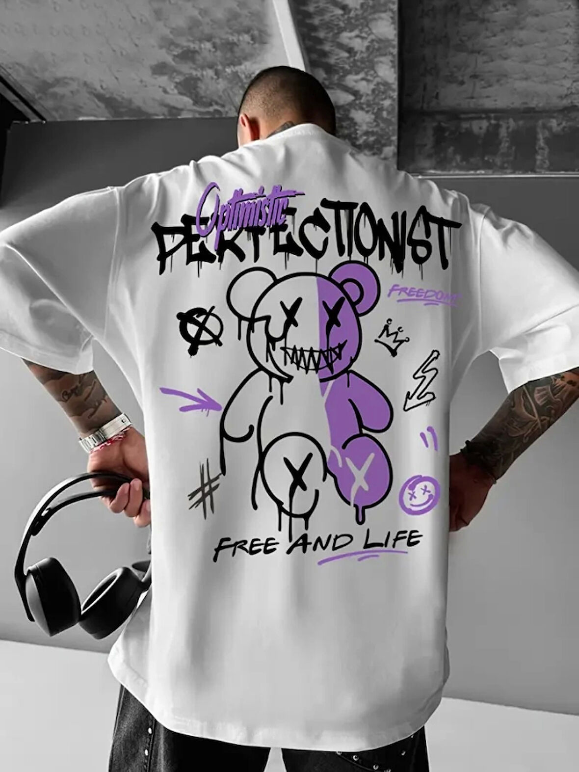 Baskılı Oversize Bisiklet Yaka T-shirt - Beyaz