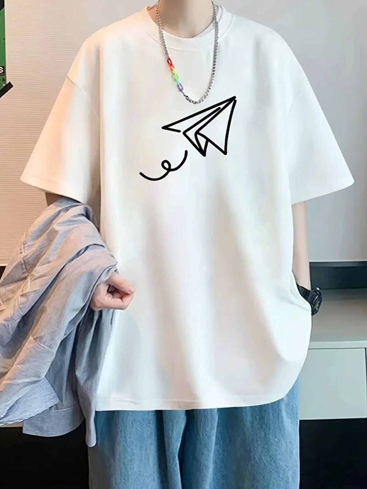 Baskılı Oversize Bisiklet Yaka T-shirt - Beyaz