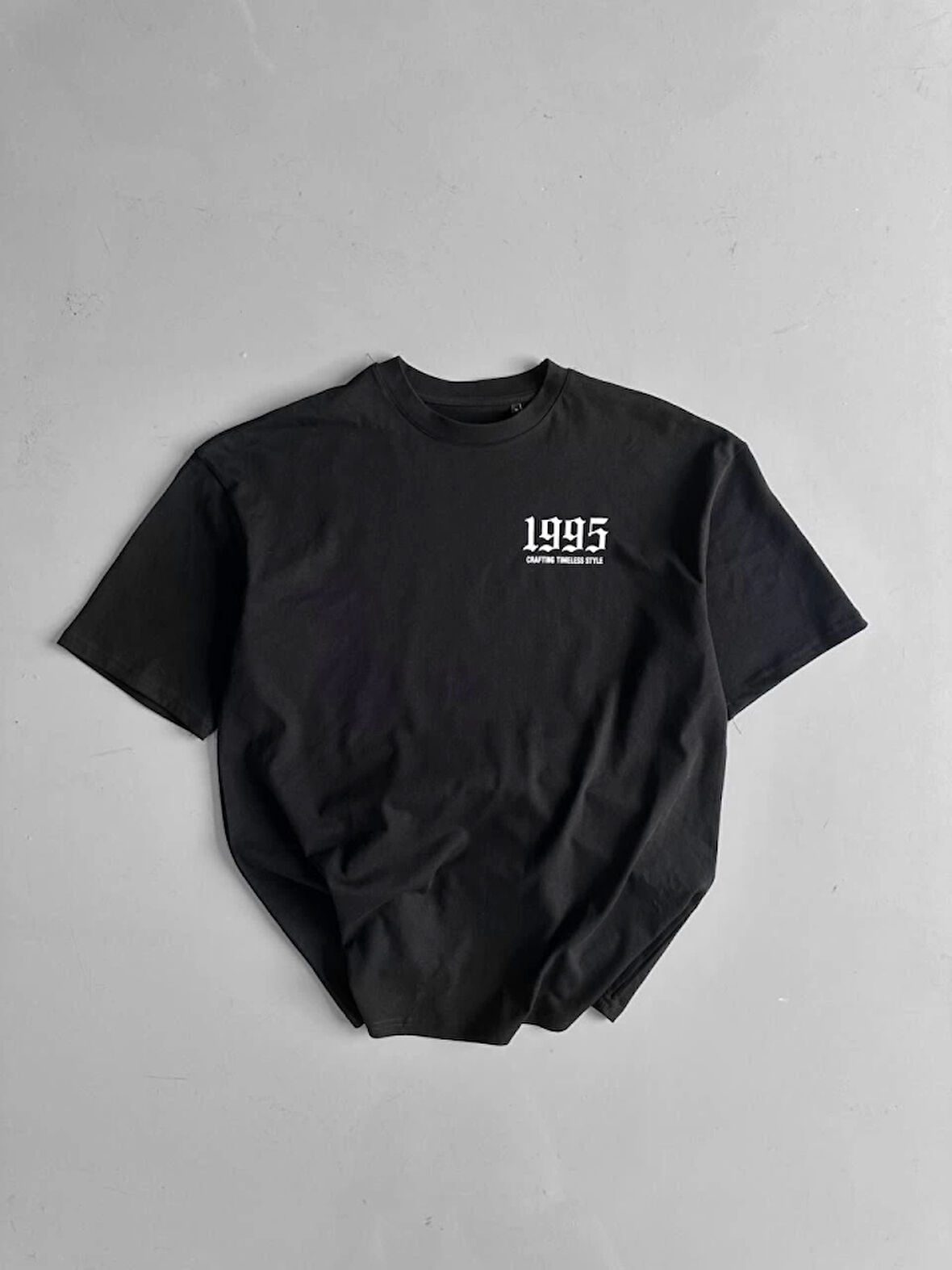 Baskılı Oversize Bisiklet Yaka T-shirt - Siyah