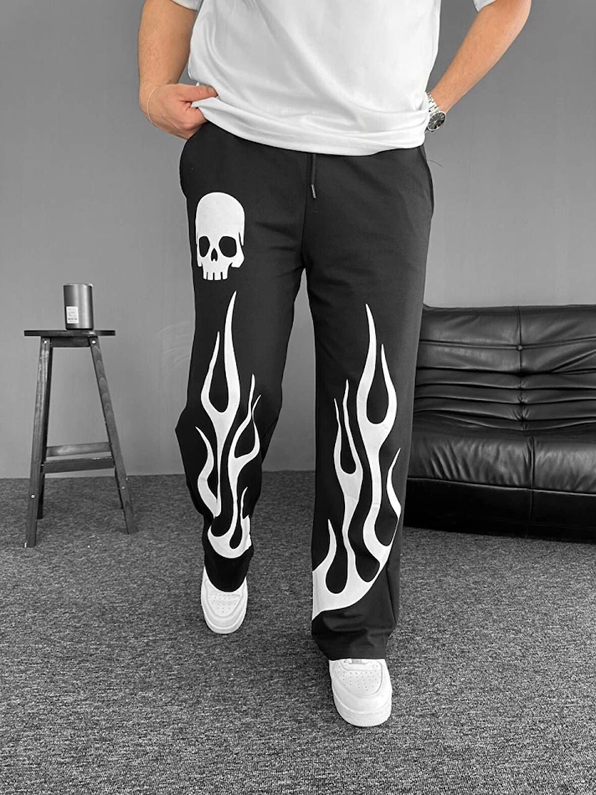 İki İplik Baskılı Kumaş Baggy Alt Esofman - Siyah