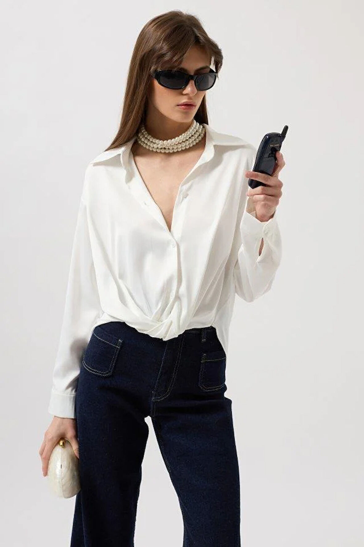 Bel Büzgülü Crop Saten Gömlek