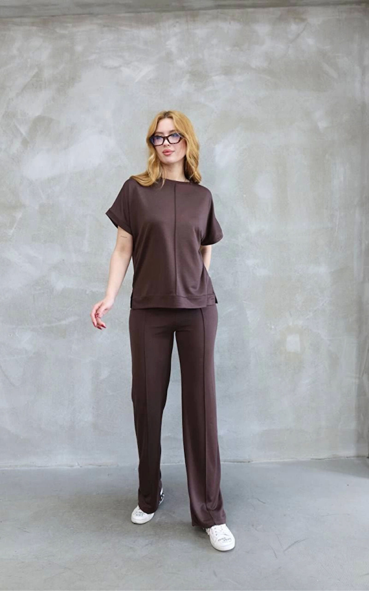 Osy Modal Yumuşak Dokulu Kumaş Bisiklet Yaka Kısa Kollu Takım - Kahverengi