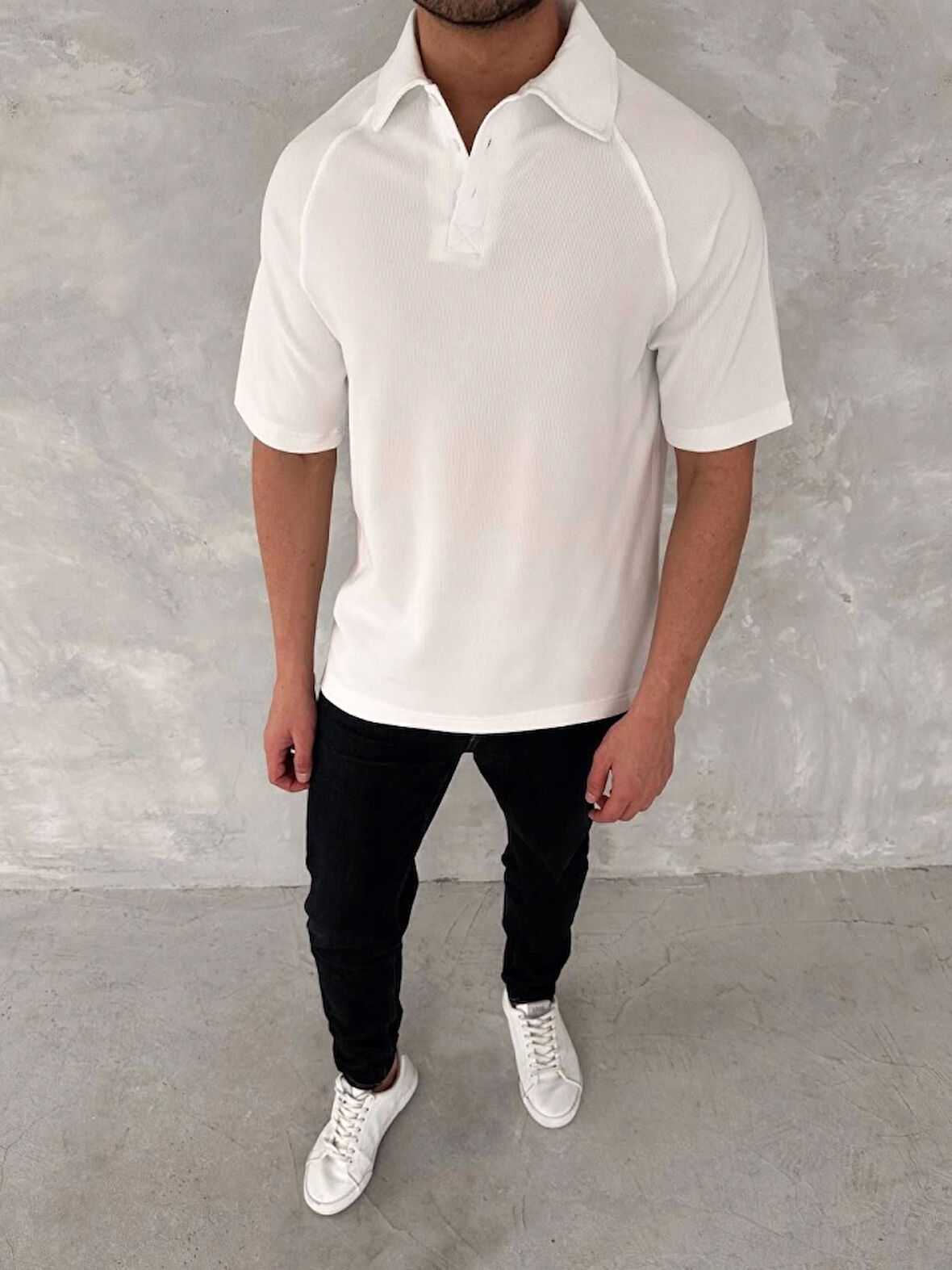 Yakalı Patlı Kısa Kol T-shirt - Beyaz